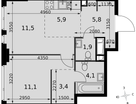 2-к. квартира, 43&nbsp;м²