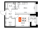 1-к. квартира, 45&nbsp;м²
