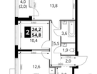 2-к. квартира, 54&nbsp;м²