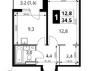 1-к. квартира, 34&nbsp;м²