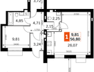 1-к. квартира, 56&nbsp;м²