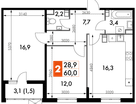 2-к. квартира, 59&nbsp;м²