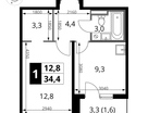 1-к. квартира, 34&nbsp;м²
