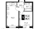 1-к. квартира, 36&nbsp;м²