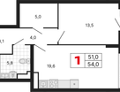 1-к. квартира, 54 м²