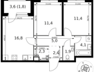 2-к. квартира, 57 м²