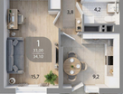 1-к. квартира, 33,1 м²