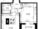 1-к. квартира, 35&nbsp;м²