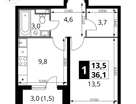 1-к. квартира, 36&nbsp;м²