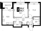 2-к. квартира, 54&nbsp;м²