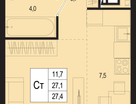 1-к. квартира, 27&nbsp;м²