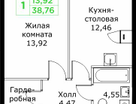 1-к. квартира, 38 м²
