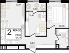 2-к. квартира, 63&nbsp;м²