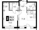 2-к. квартира, 46&nbsp;м²
