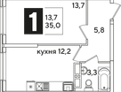1-к. квартира, 36 м²