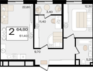 2-к. квартира, 64 м²