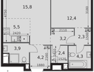 2-к. квартира, 54&nbsp;м²