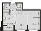 2-к. квартира, 54 м²