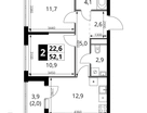 2-к. квартира, 52&nbsp;м²