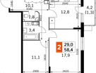 2-к. квартира, 58&nbsp;м²