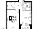 1-к. квартира, 38&nbsp;м²