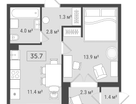 1-к. квартира, 35&nbsp;м²