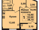 1-к. квартира, 38,1&nbsp;м²