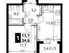1-к. квартира, 34 м²