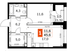 1-к. квартира, 45&nbsp;м²