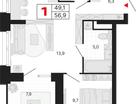 1-к. квартира, 56&nbsp;м²