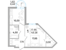 1-к. квартира, 42,9&nbsp;м²