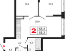 2-к. квартира, 55&nbsp;м²