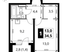 1-к. квартира, 34&nbsp;м²