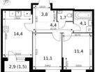 2-к. квартира, 52&nbsp;м²