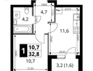 1-к. квартира, 32 м²