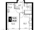 1-к. квартира, 34 м²
