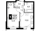 1-к. квартира, 37&nbsp;м²