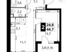 2-к. квартира, 44&nbsp;м²