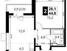 2-к. квартира, 44&nbsp;м²