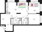 2-к. квартира, 64&nbsp;м²