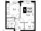 1-к. квартира, 34&nbsp;м²