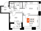2-к. квартира, 53 м²