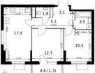 2-к. квартира, 55&nbsp;м²