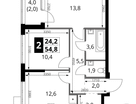 2-к. квартира, 54&nbsp;м²