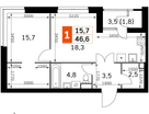 1-к. квартира, 46&nbsp;м²
