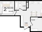 2-к. квартира, 59&nbsp;м²