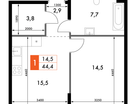 1-к. квартира, 44 м²