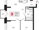 2-к. квартира, 61&nbsp;м²