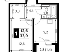 1-к. квартира, 33&nbsp;м²