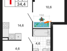 1-к. квартира, 34&nbsp;м²
